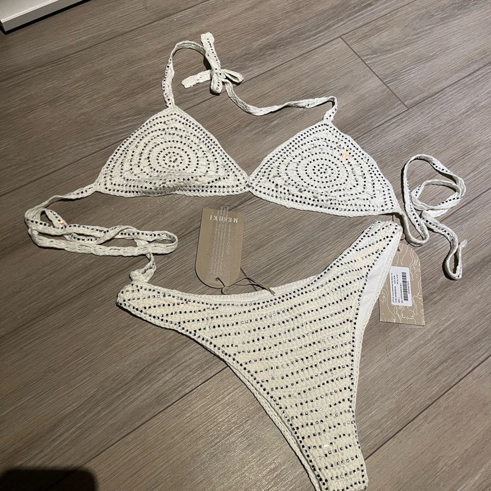 Meshki embellished knit bikini top and bottoms